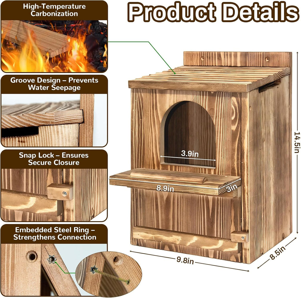 Large Owl House with Wood Shavings, Carbonized Pine Wood Nesting Box