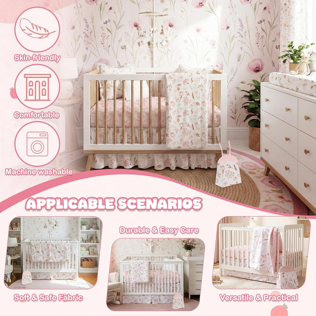 4 Pieces Crib Bedding Set for Girls and Boys, Soft Baby Bedding Set Including Crib Skirt, Comforter, Sheet and Diaper