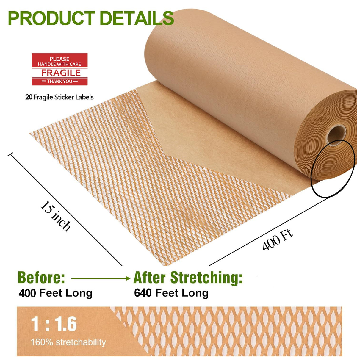 Honeycomb Packing Paper, 15" x 400 ft, Bubble Wrap Alternative