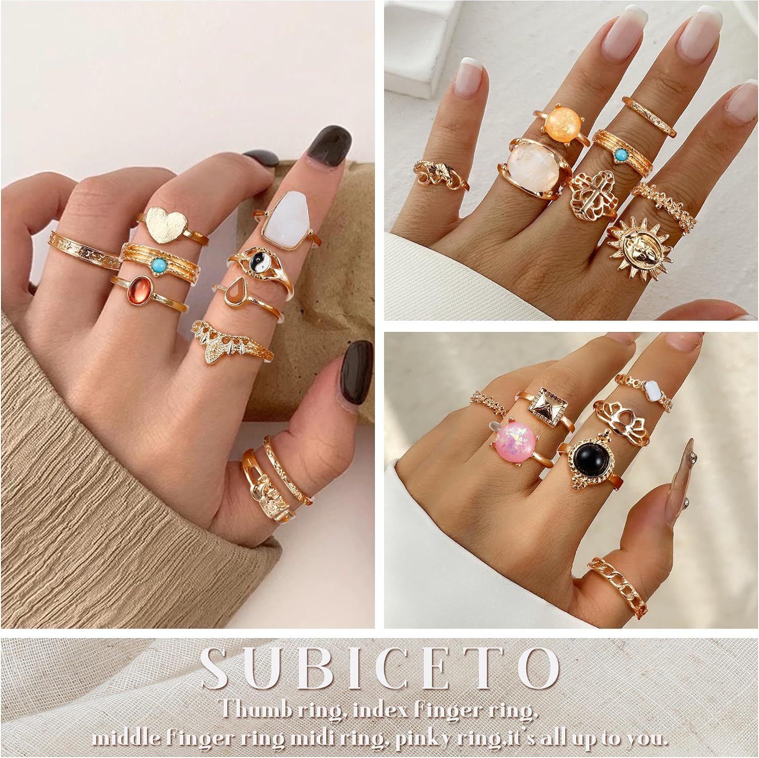 70 Pcs Vintage Crystal Ring Set Knuckle Rings for Women Bohemian Stackable Joint Rings Retro Boho Stacking Joint
