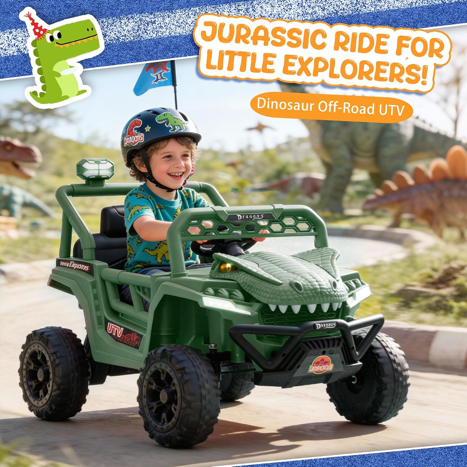 12V Dinosaur Ride On UTV, Kids Electric Vehicle with Parent Control, 3 Speeds,6 LED Lights, Shock