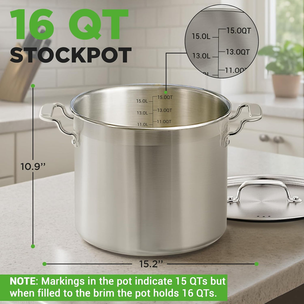 16-Quart Stainless Steel Stockpot - 18/8 Food Grade Heavy Duty Large Stock Pot for Stew, Simmering, Soup, Includes