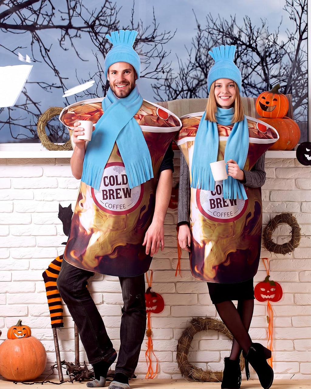 Halloween Cold Brew Coffee Cup Costume with Blue Hat Scarf for Adult | One Size Fits Most, Cold Brew Coffee Cup