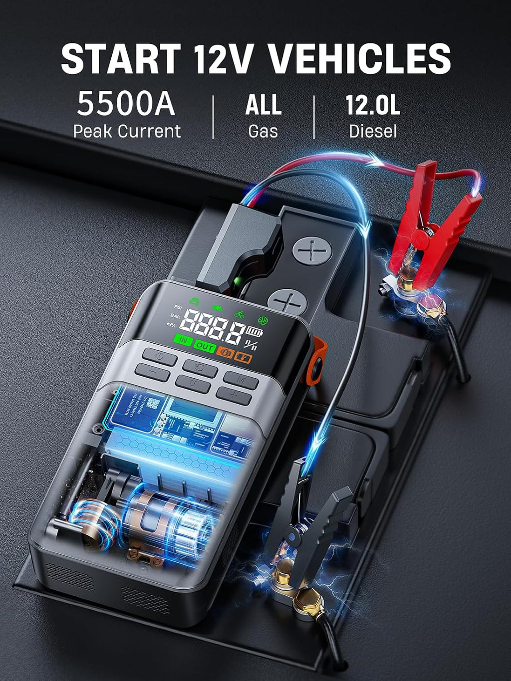 8-in-1 Car Jump Starter with Air Compressor – 5500A Peak, 150PSI Tire Inflator, 12V Portable Power Bank, LCD Display