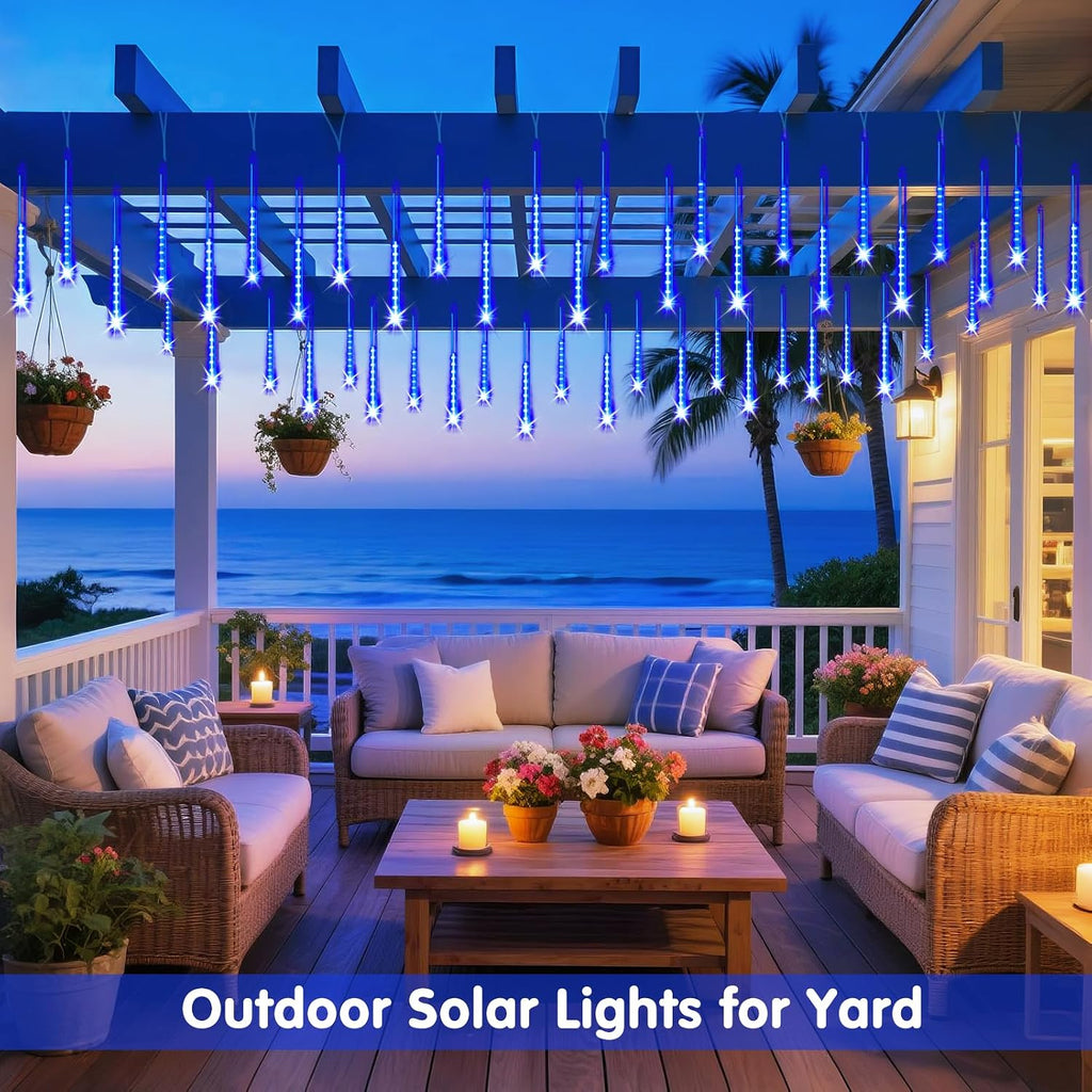 Solar Lights for Outdoor Decor, Solar Meteor Shower Lights Outdoor | 8 Tube 144 LEDs , Hanging Blue Christmas Lights