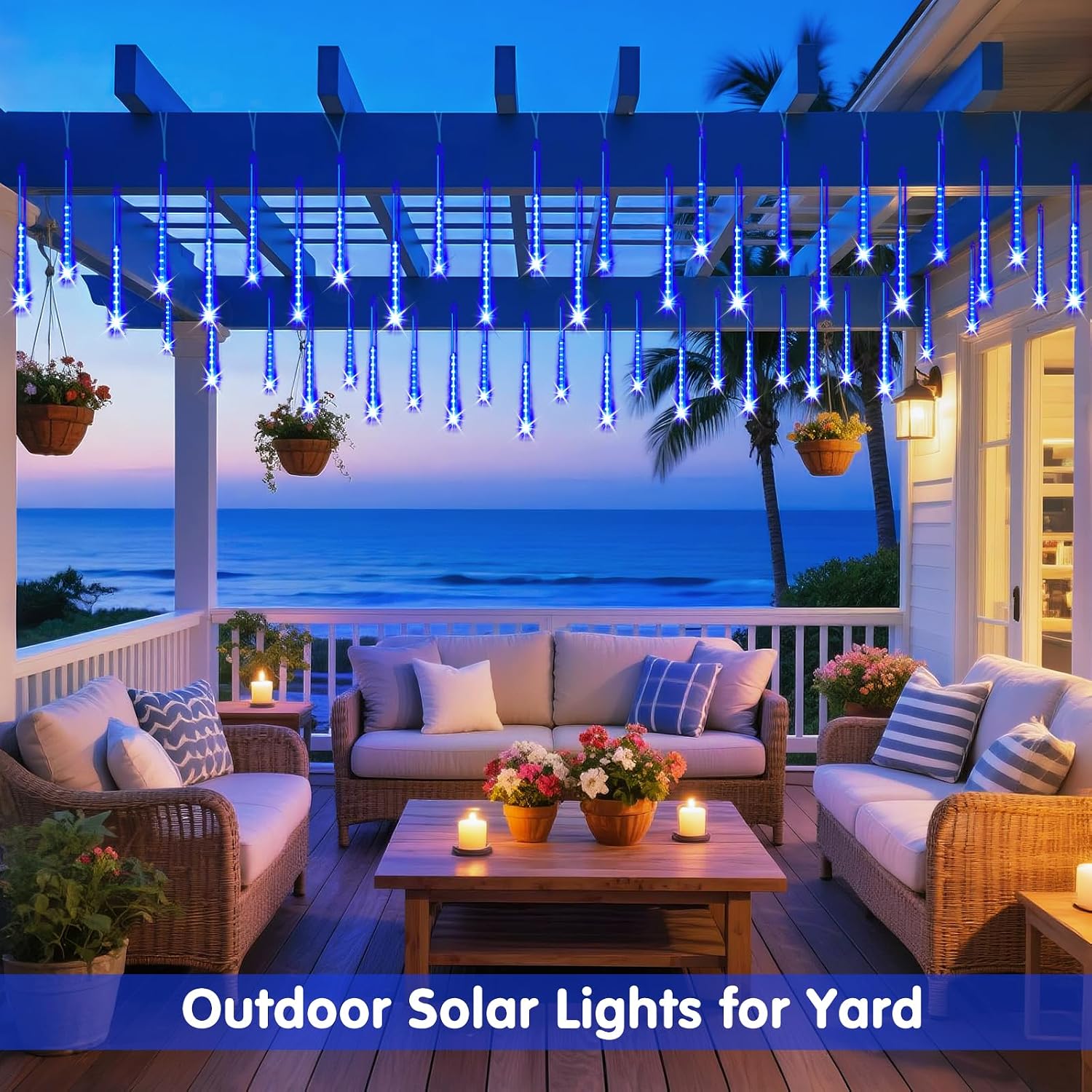 Solar Lights for Outdoor Decor, Solar Meteor Shower Lights Outdoor | 8 Tube 144 LEDs , Hanging Blue Christmas Lights