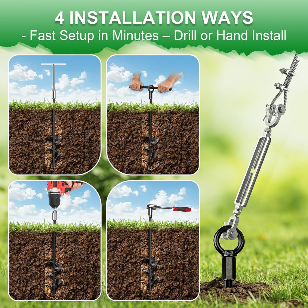 30 Inch Ground Anchors Screw in Shed Anchors to Ground Kit with Cable, Turnbuckles, Spiral Earth Anchor Kit for