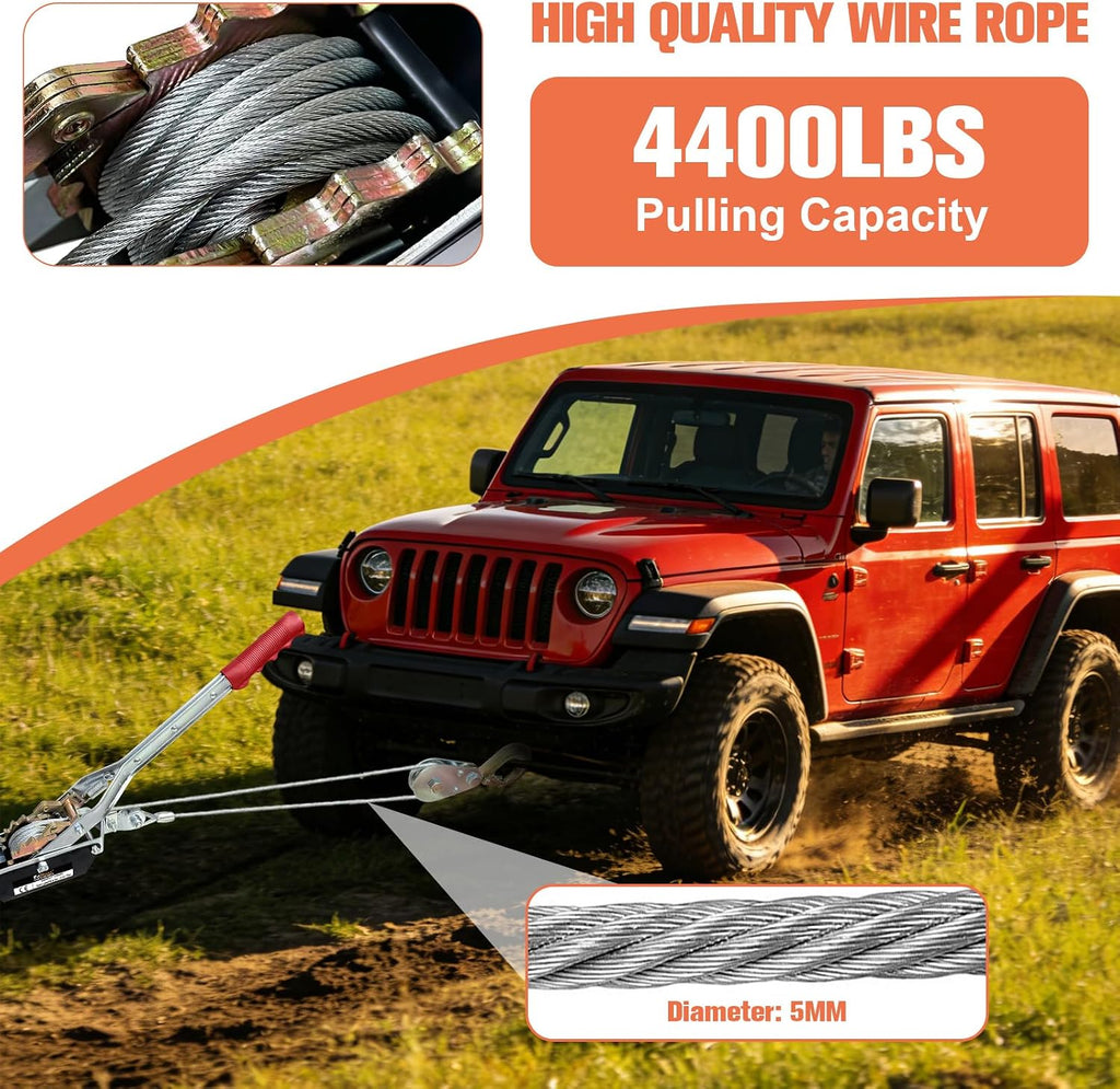 2-Ton Come Along Winch Heavy Duty 11ft Steel Cable Come Along Cable Puller with 2 Hooks Dual-Gear Come Along Tool for