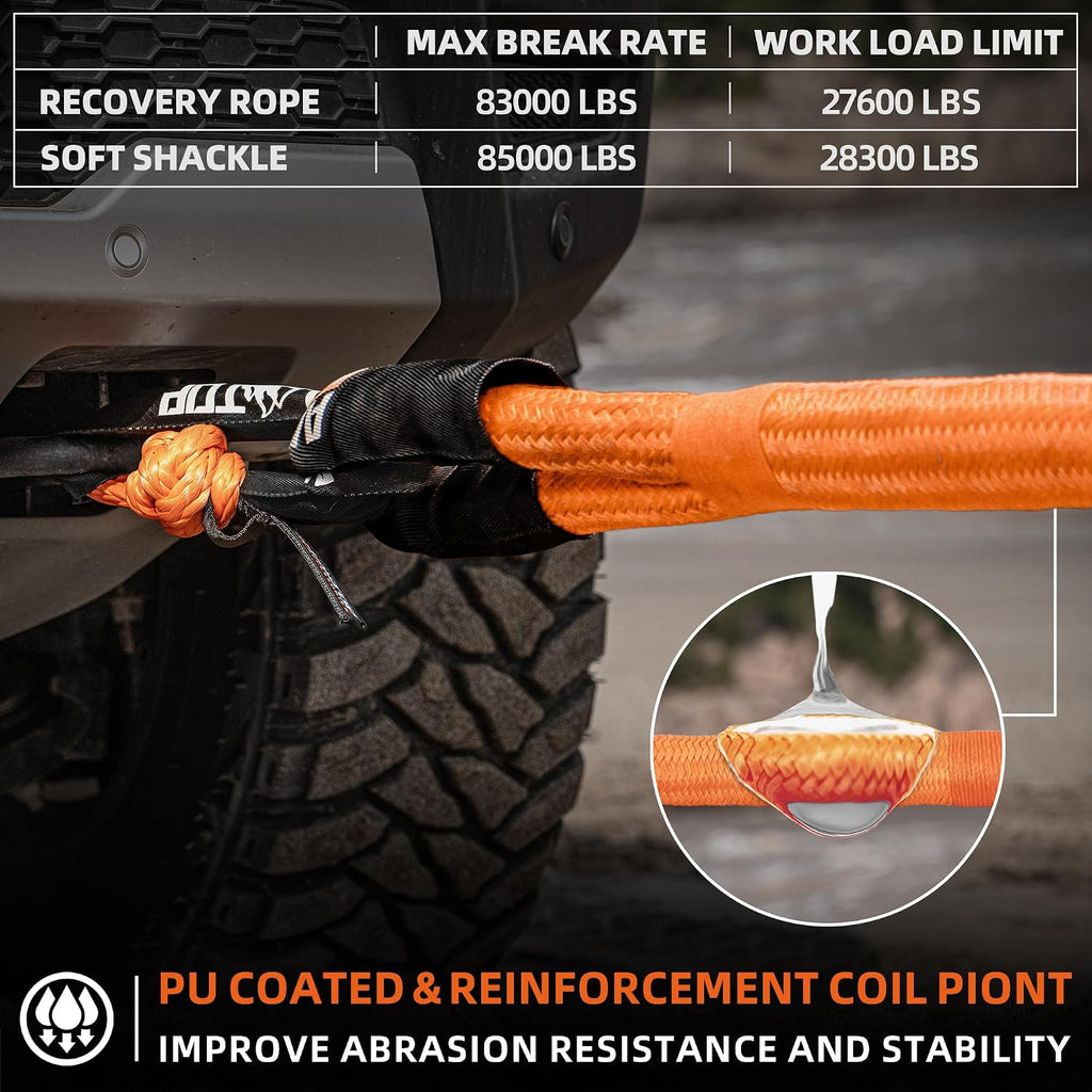 Kinetic Recovery Rope Kit w/ 2 Soft Shackles, 83000Lbs, 1.5in x 30ft, Heavy Duty 30+% Elasticity, 27600Lbs Work Load