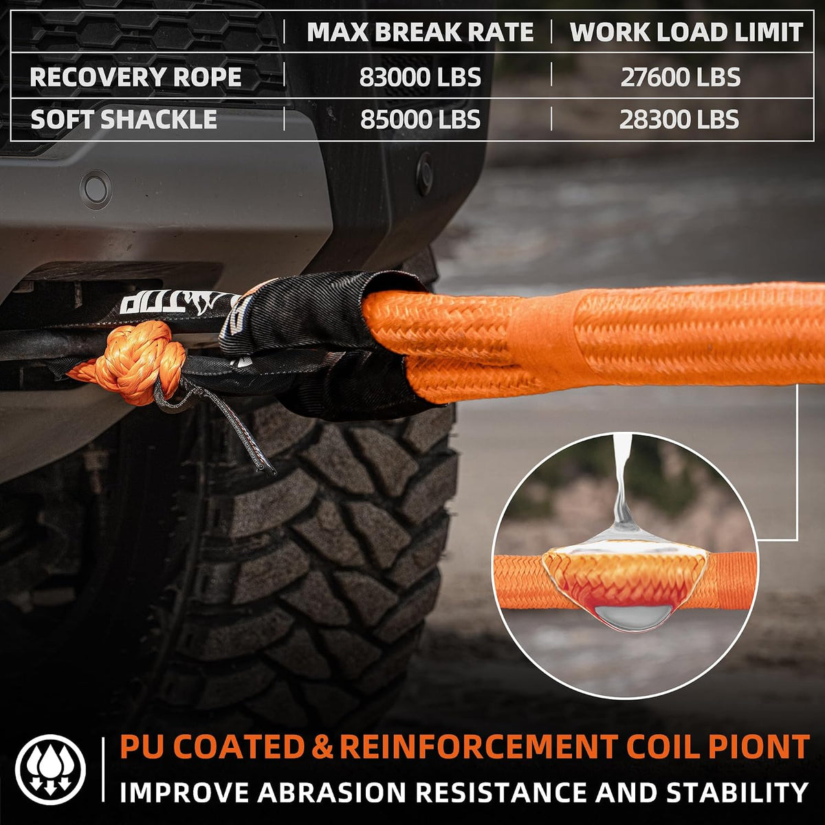 Kinetic Recovery Rope Kit w/ 2 Soft Shackles, 83000Lbs, 1.5in x 30ft, Heavy Duty 30+% Elasticity, 27600Lbs Work Load