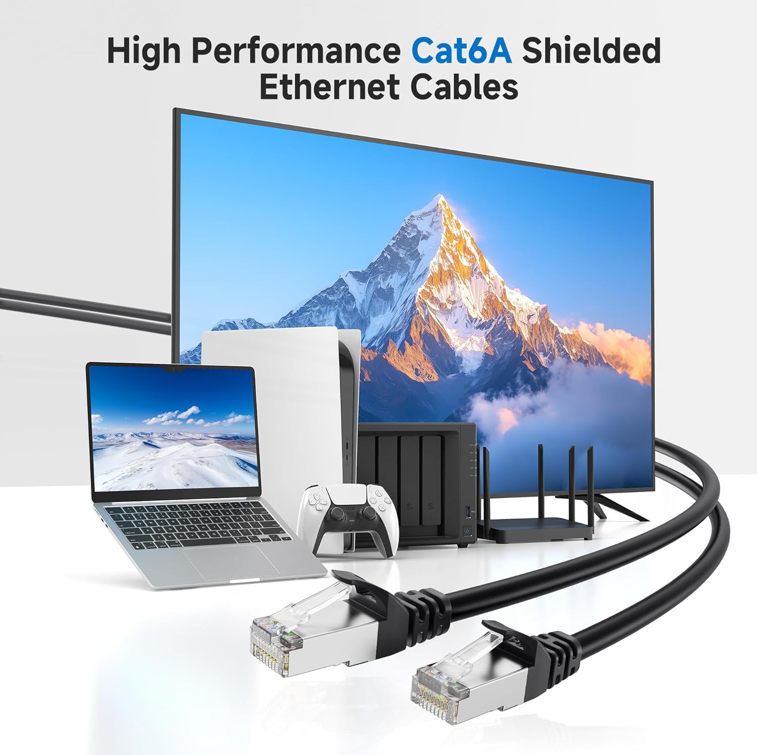10Gbps Snagless Shielded Cat 6A Ethernet Cable, 50ft, Black | S/FTP Shielded, 26 AWG Bare Copper, 550MHz Bandwidth