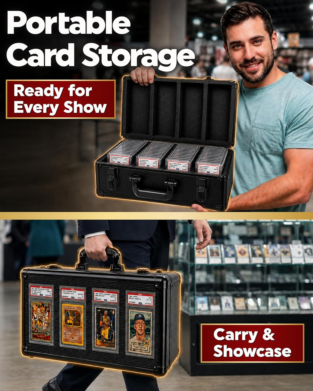 4-Row Graded Card Storage Box with Acrylic Window for PSA and BGS Display | Durable graded card case with 8 foam