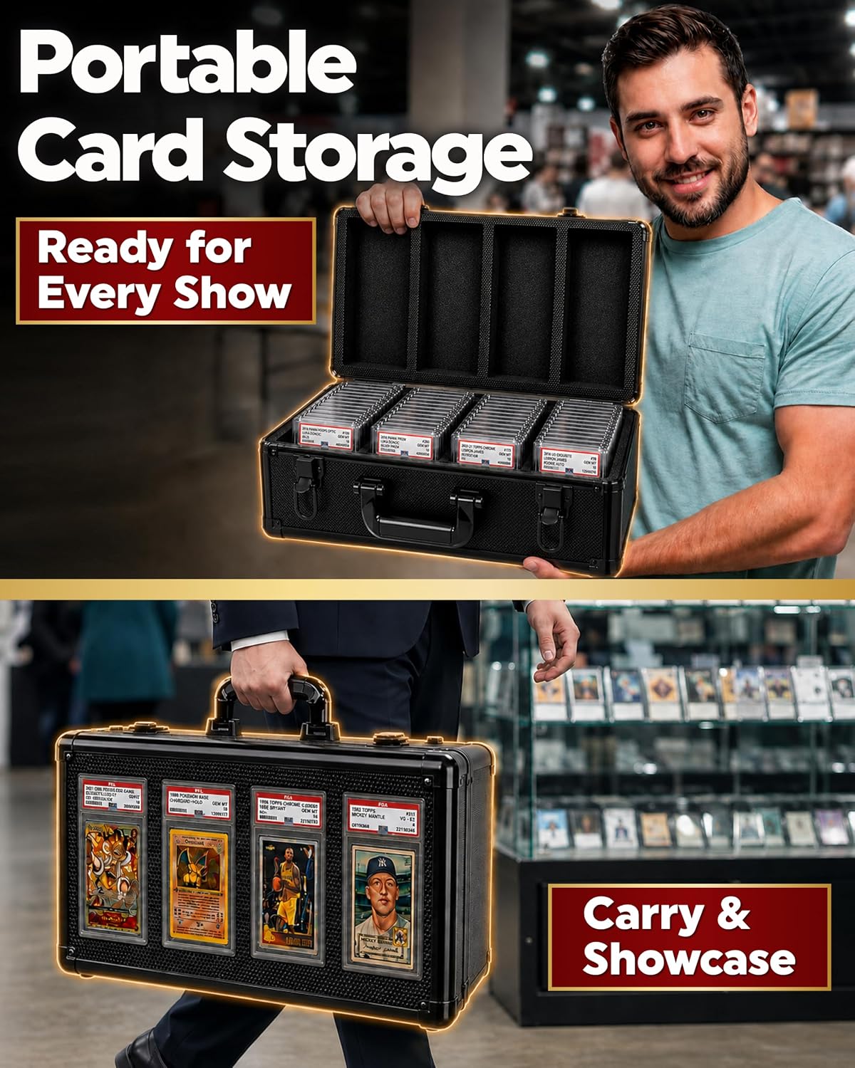4-Row Graded Card Storage Box with Acrylic Window for PSA and BGS Display | Durable graded card case with 8 foam