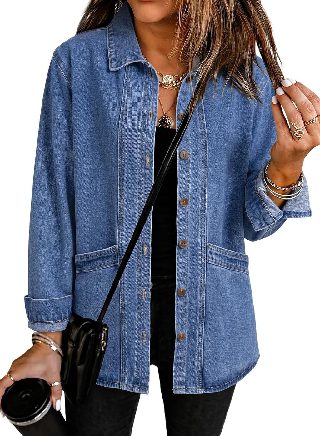 Womens Jean Jacket Denim Oversized Button Down Denim Jackets Coat