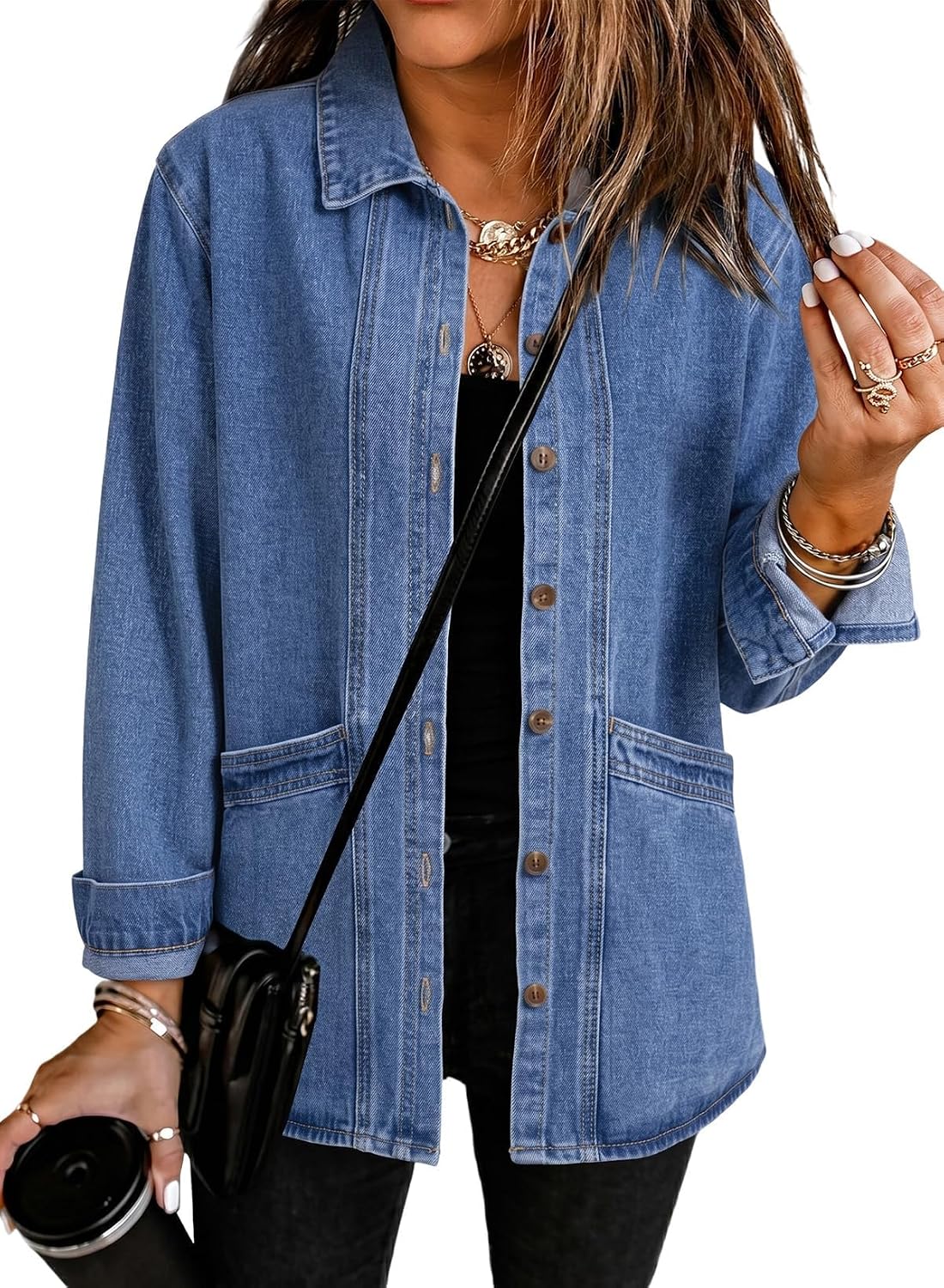 Womens Jean Jacket Denim Oversized Button Down Denim Jackets Coat