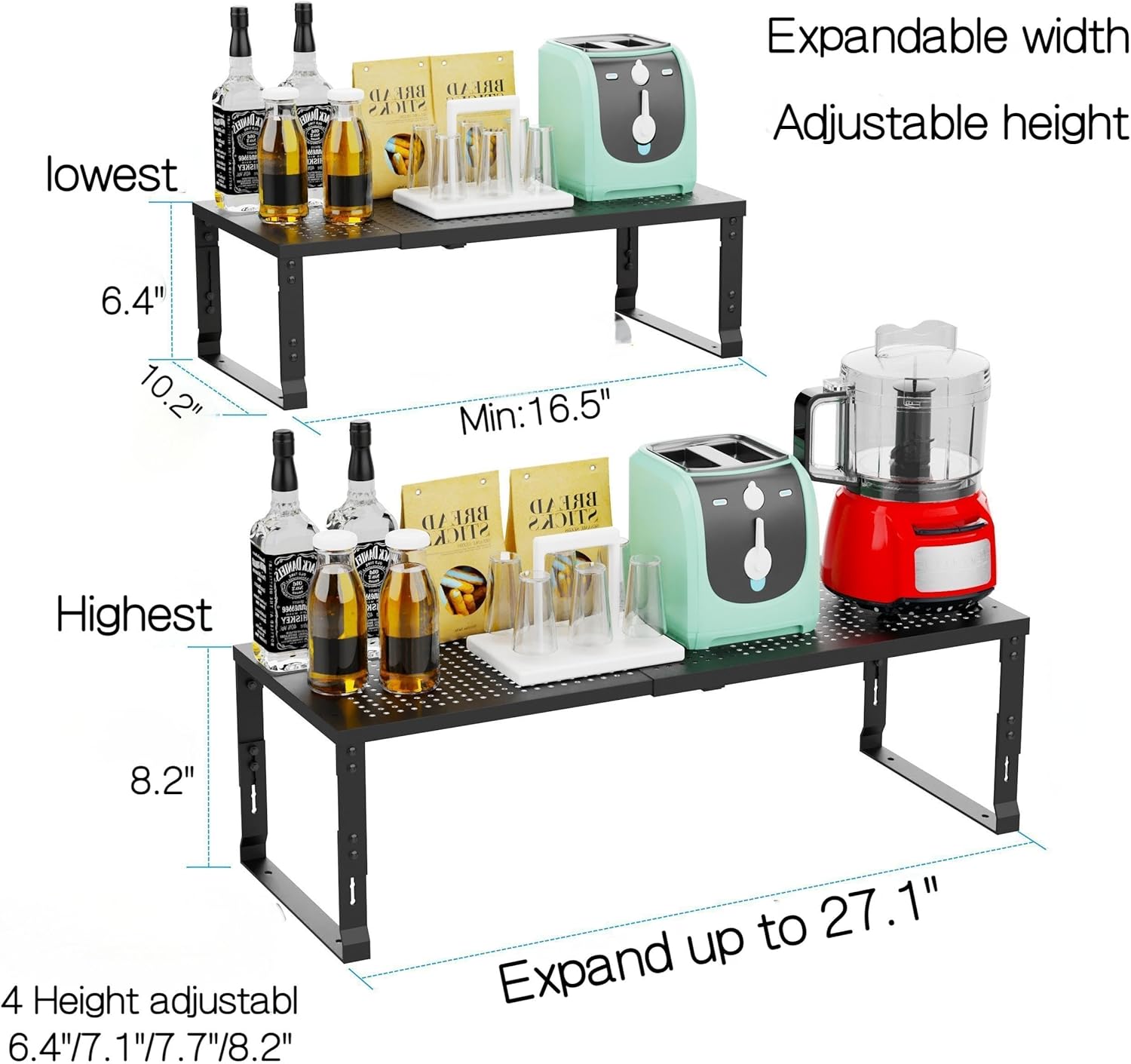 Heavy-Duty Adjustable Metal Shelf Organizer - Expandable & Stackable Pantry Storage Rack for Kitchen, Bathroom, RV