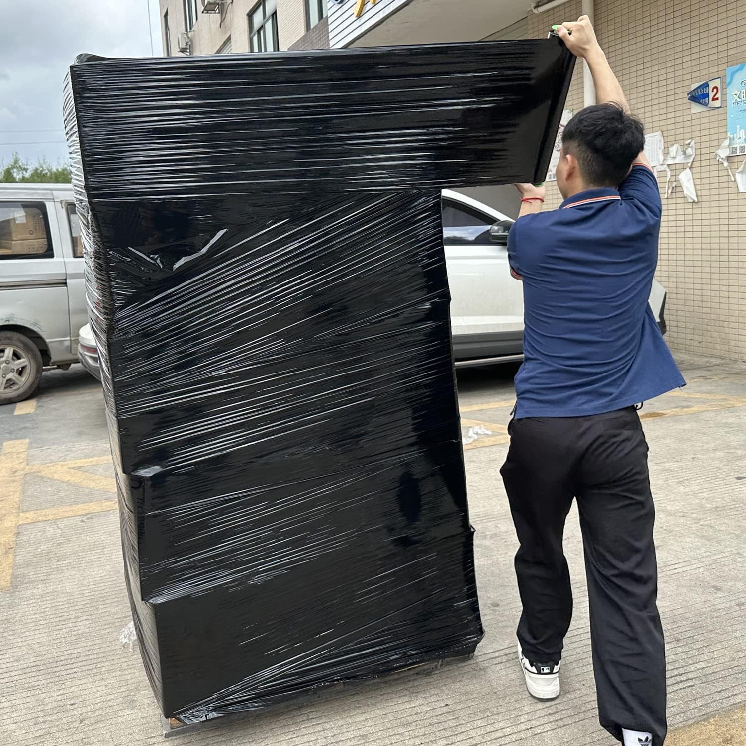 2-Pack Black Stretch Wrap 18" x 1000 Feet 80 Gauge Industrial Strength with Plastic Handle, Plastic Pallet Supplies
