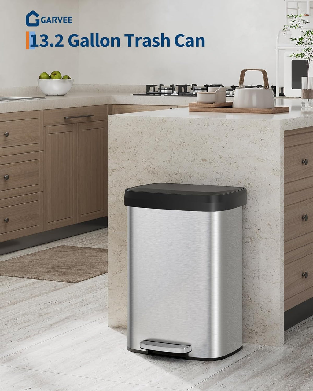 13 gal / 50 L Stainless Steel Trash Can with Lid, Large Garbage Can for Kitchen, Rustproof Step-on Kitchen Metal