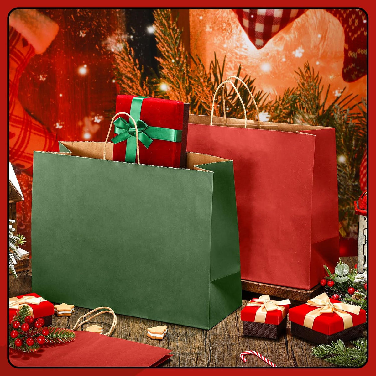 100 Pcs Christmas Gift Bags Red Green Kraft, 16 x 12 x 6 Inch