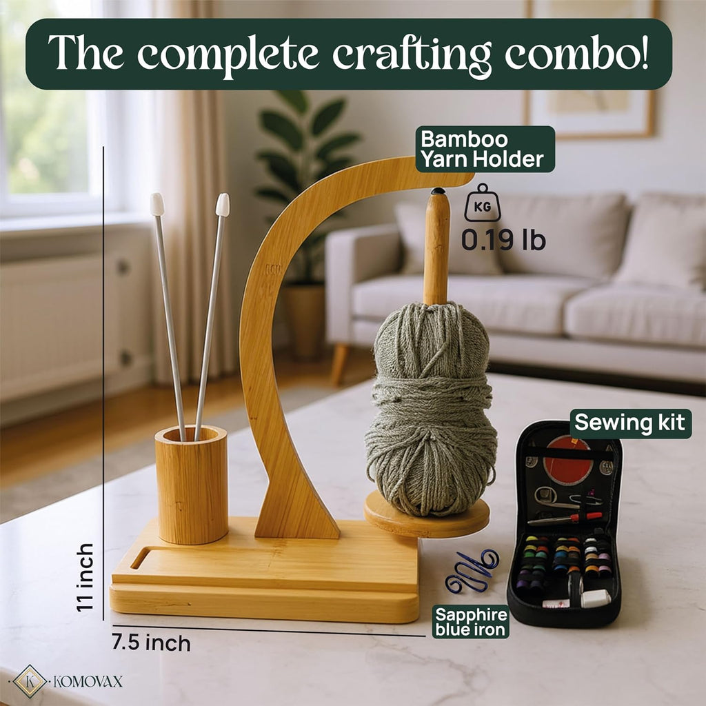 Wooden Yarn Holder with Sewing Kit & Crochet Ring – Portable Yarn Spinner for Crocheting, Knitting & Yarn