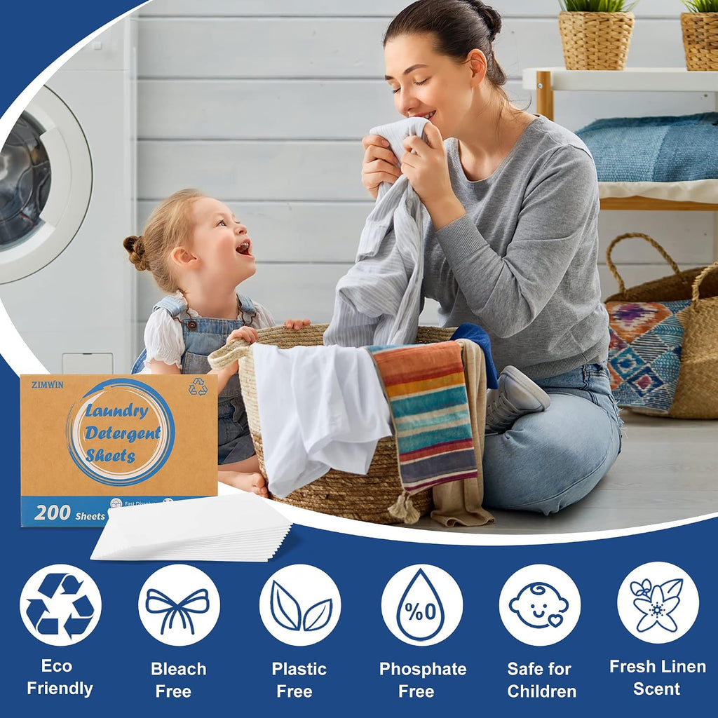 Laundry Detergent Sheets 200 Sheets, Fragrance-Free, Eco-Friendly, Plastic-Free, Hypoallergenic, Liquidless Washing