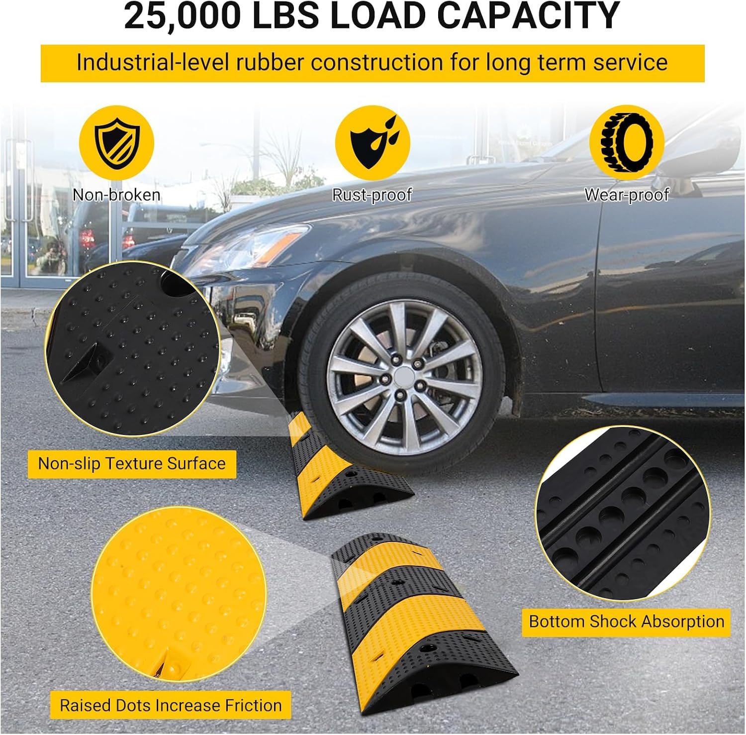 3.3 FT Heavy Duty Rubber Speed Bump 2-Pack, 2 Channel Driveway Cable Protector Ramp with Bolts for Parking Lots