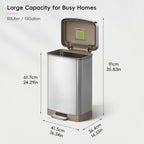 Hudson Matte Stainless 50 Liter/13.2 Gallon Step Trash Can with Rear Trash Bag Storage Compartment
