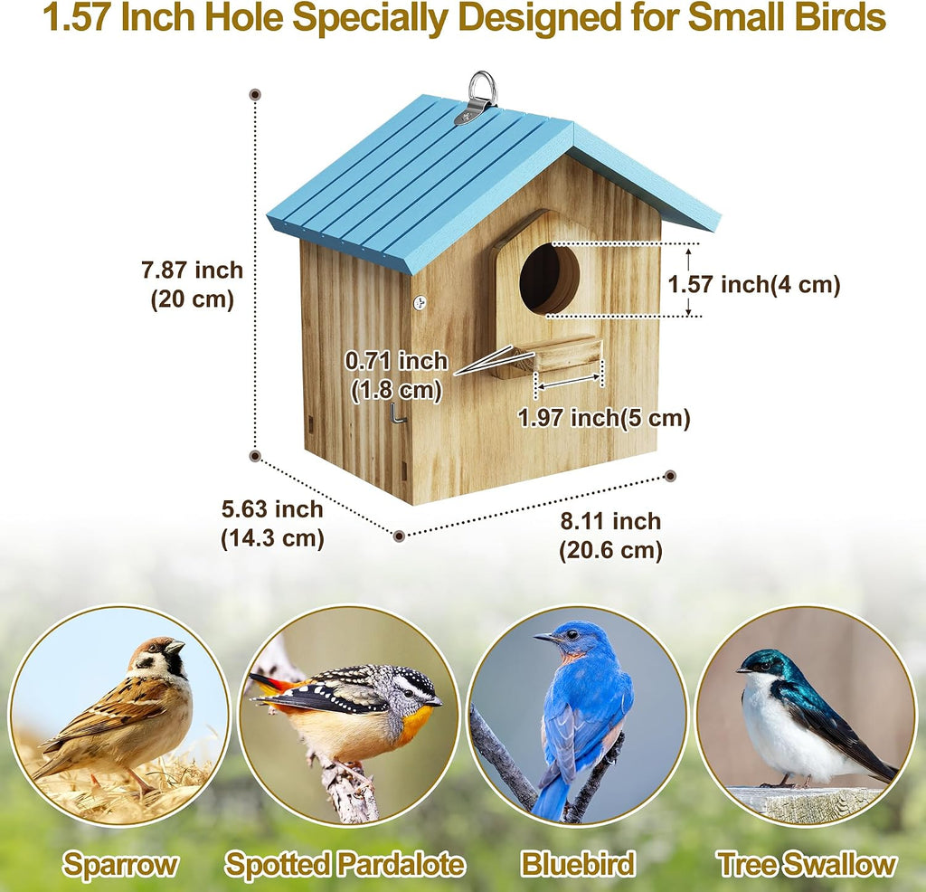 Bird House for Outside, Wooden Hanging Bird Nesting Box with Perch