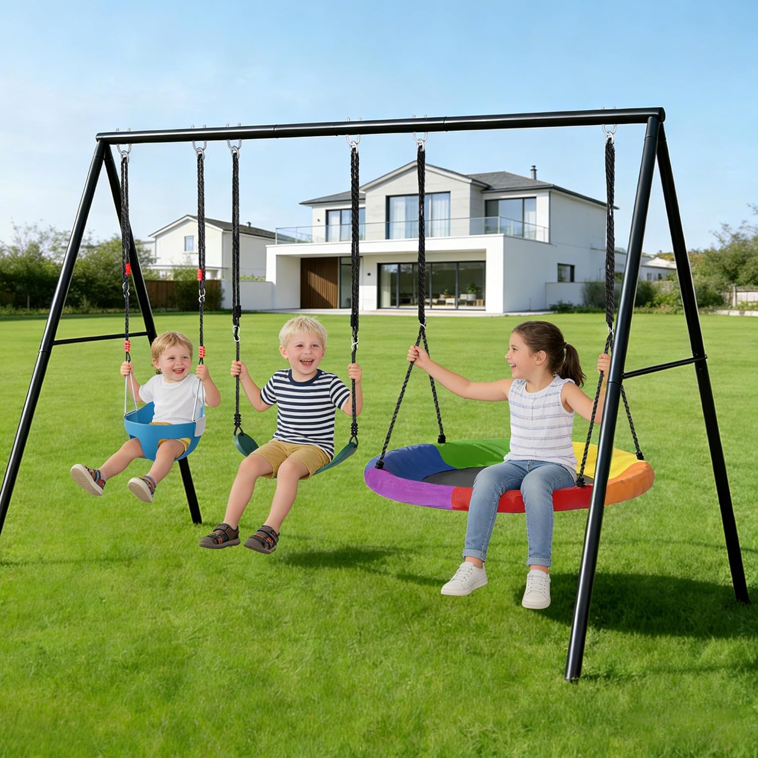 440lbs Swing Frame Set with Stand–Saucer Swing, Belt Swing & Baby Swing, Heavy Duty Metal Swing Set with Adjustable