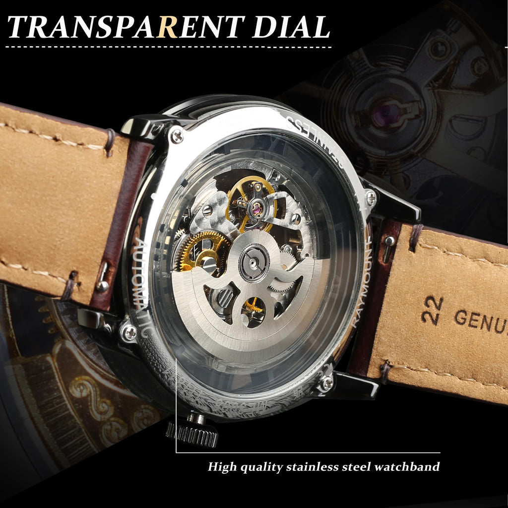 Men's Automatic Watch with Mechanical Movement, Skeleton Dial and Leather Band
