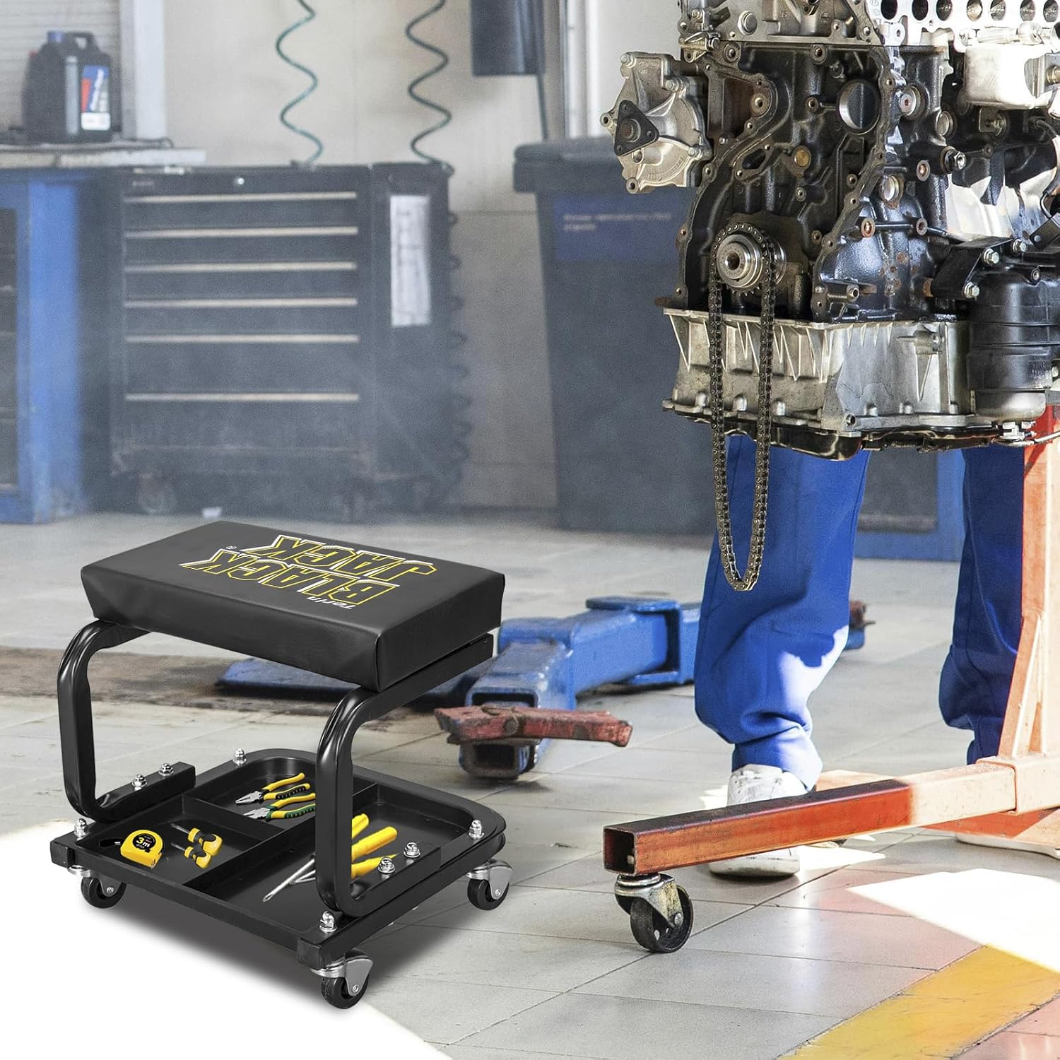 250lb Rolling Automotive Creeper Garage/Shop Seat: Padded Mechanic Stool with Tool Large Tray Suitable for garages