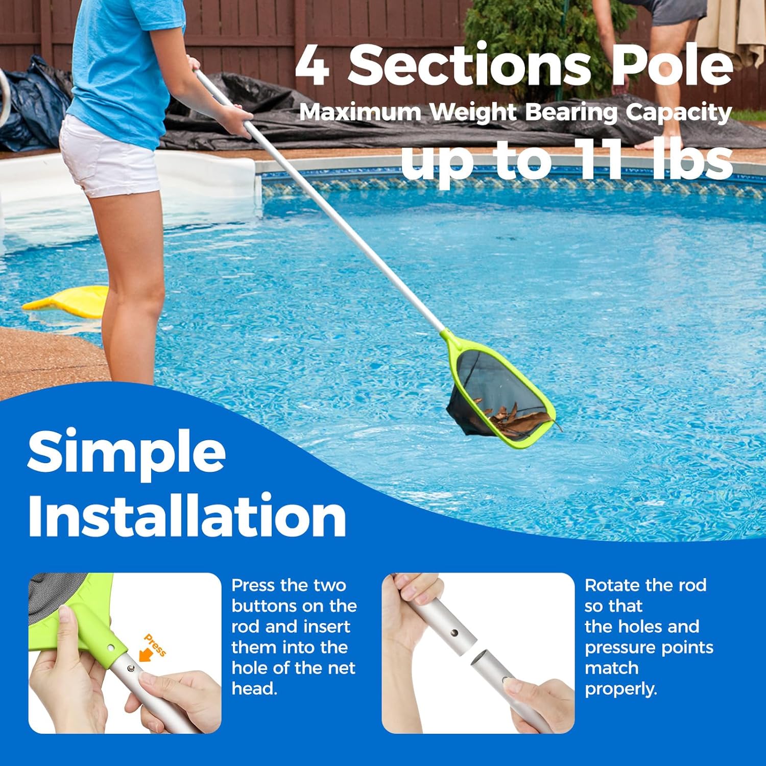 Swimming Pool Skimmer Net 57 inches, Leaf Rake Net with 4 Section Telescopic Aluminum Pole for Fast Cleaning Ponds