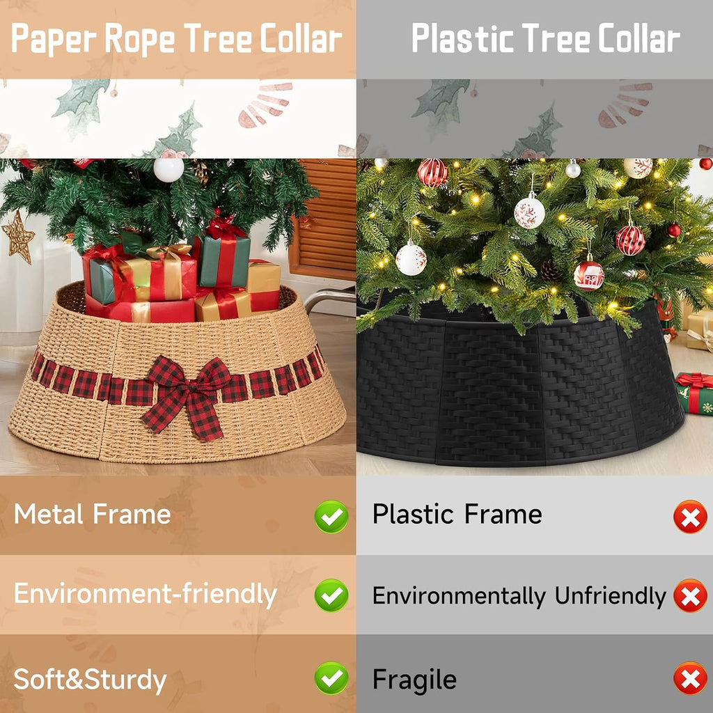 Christmas Tree Collar, Wicker Holiday Tree Skirt & Stand Base Cover,Paper Rope Christmas Decor with a Bow Tie