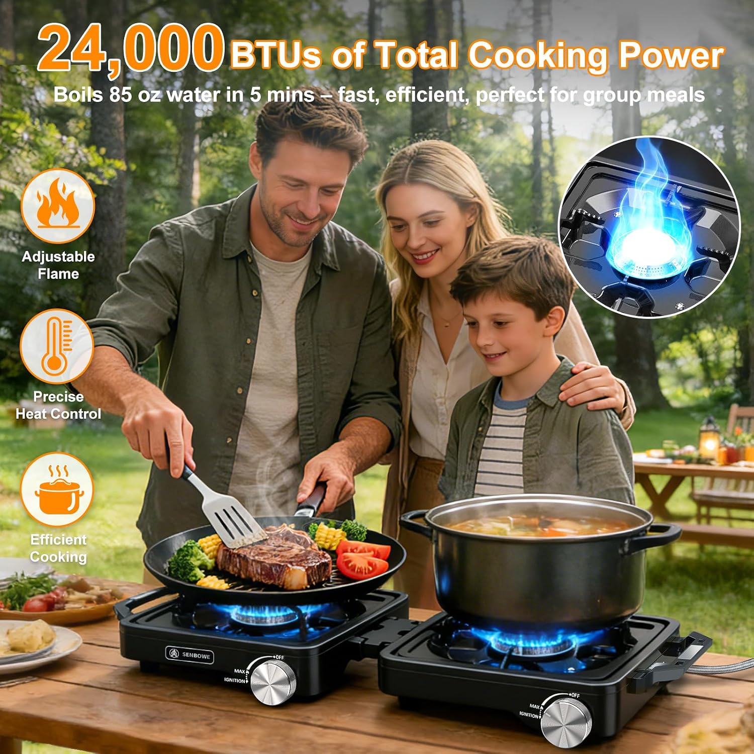 2-Burner Pro Camping Stove,24000 BTU Camp Stove,Foldable Propane Stove Includes Carry Bag,Windscreen Griddle