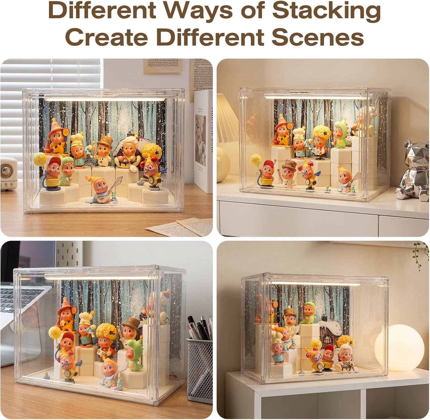 Clear Acrylic Display Cases for Collectibles with LED Light,DIY Scene, with Backdrop, No Dust , No Moisture, for
