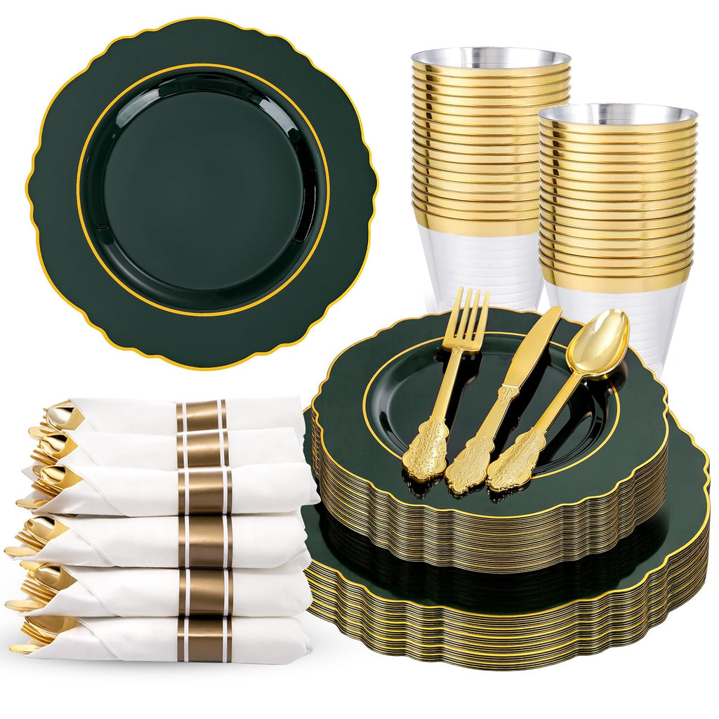 175PCS Green Plastic Plates-Emerald Green Disposable With Gold Rim-25Guest Baroque Dinnerware include 50 Plates,25Pcs