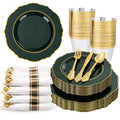 175PCS Green Plastic Plates-Emerald Green Disposable With Gold Rim-25Guest Baroque Dinnerware include 50 Plates,25Pcs
