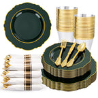 175PCS Green Plastic Plates-Emerald Green Disposable With Gold Rim-25Guest Baroque Dinnerware include 50 Plates,25Pcs