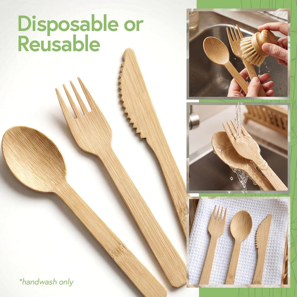100% Bamboo Utensils Set, 100 Pack, Compostable Cutlery