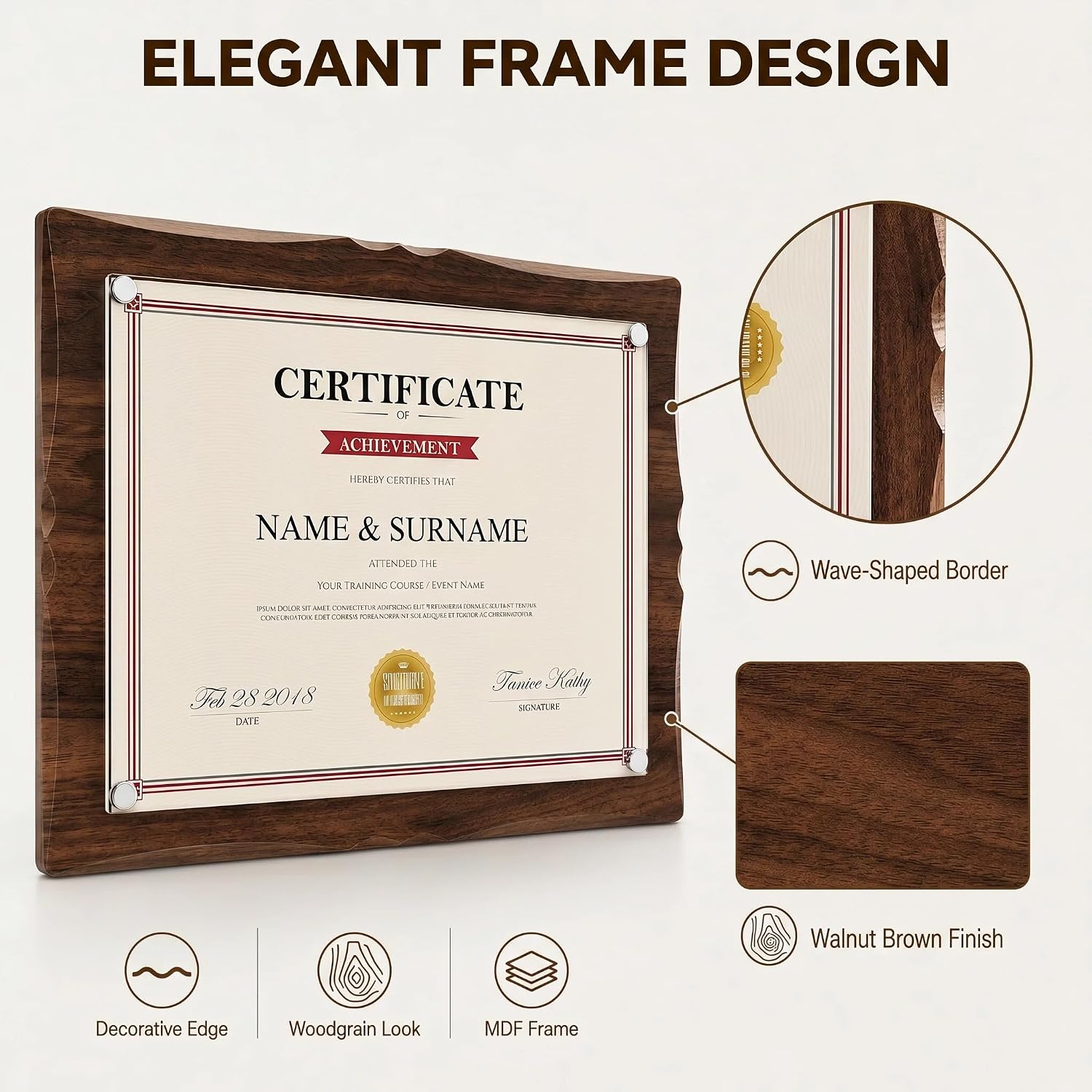 8.5x11 Brown Wavy Edge Plaque, Magnetic Certificate Frame | Document, Diploma, Award, Shatter-Resistant Plexiglass
