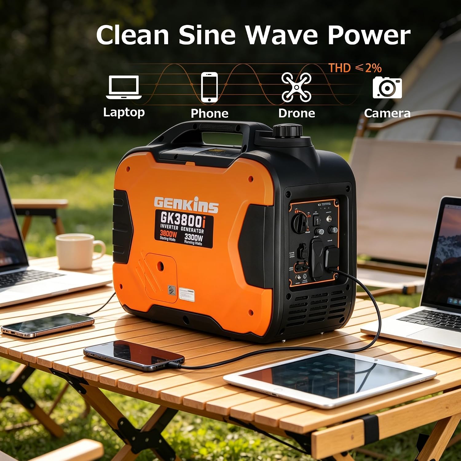 3800W Low Noise Gas Inverter Generator, Pull Start, Fuel Saving Portable Generator for RV, Camping and Outdoor Use