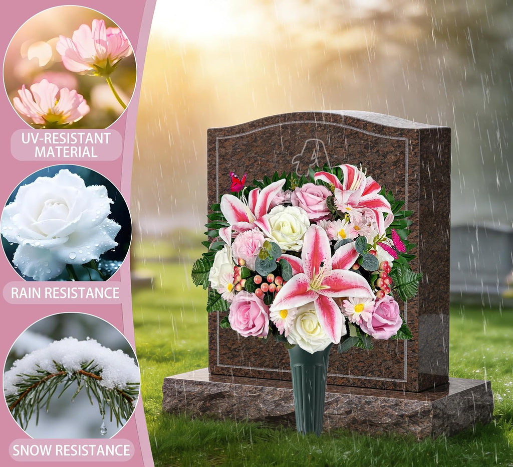 Artificial Cemetery Flowers,Memorial Flowers,Beautiful Arrangements for Headstones,Silk Lily Rose Berries Daisy