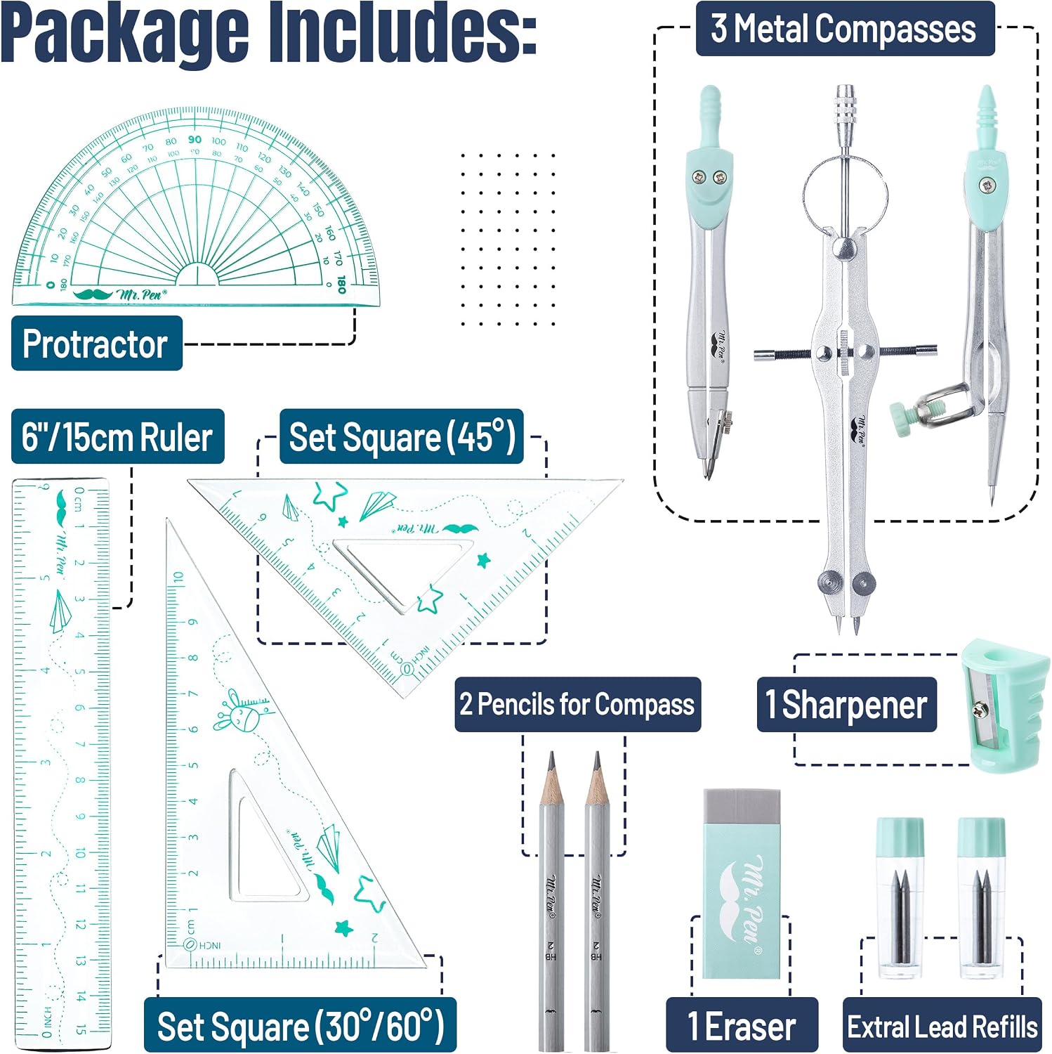 Geometry Set, 13 pcs, 3 Metal Compasses, Protractor, 6" Ruler | 45° & 30°/60° Set Squares, Pencils, Lead Refills