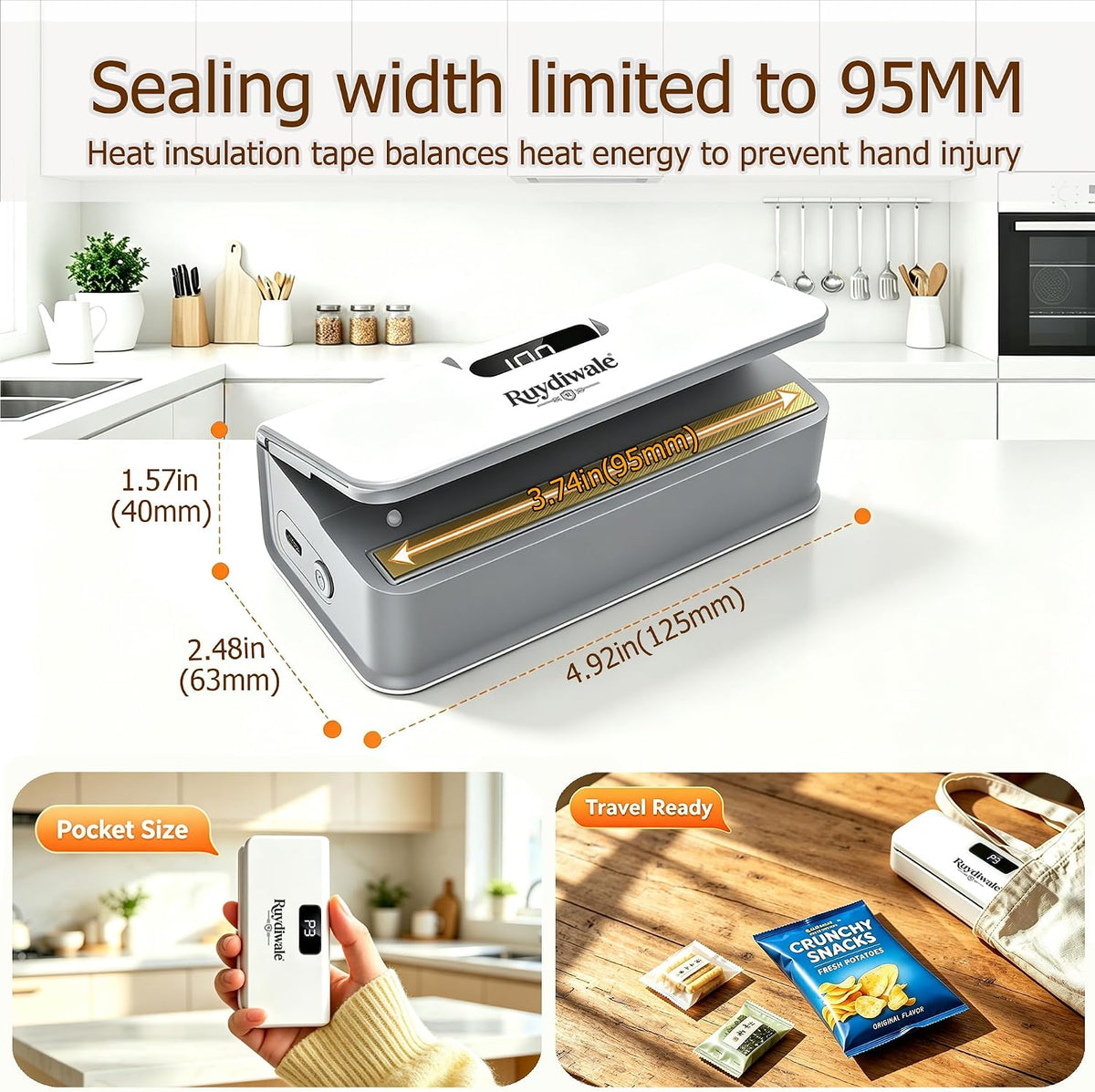 Mini Bag Sealer,6-Speed Adjustment and LED Display (White)