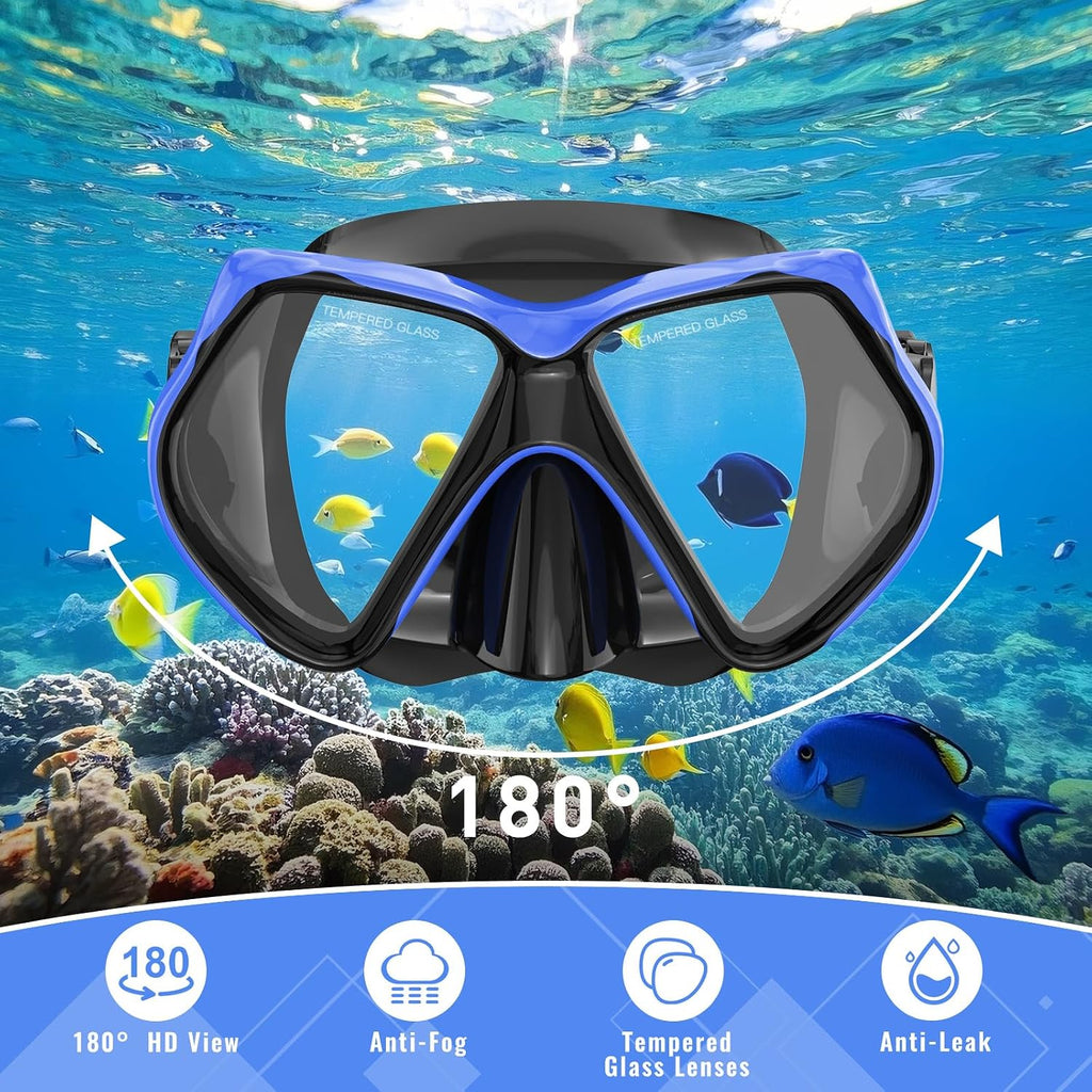 Snorkeling Gear for Adults, Snorkel Set Scuba Diving mask Dry-Top, Adult Swimming Goggles w/Nose Cover, HD Tempered