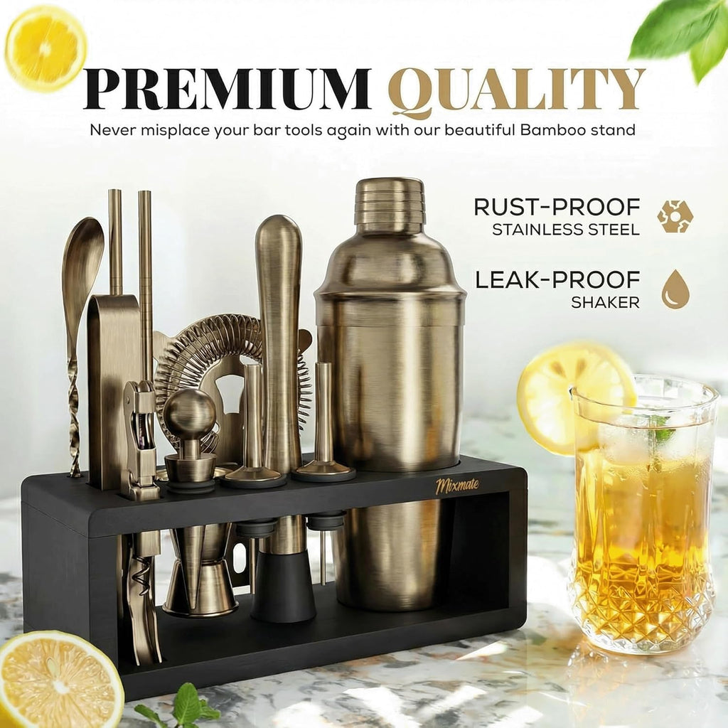 Brushed Brass Mixology Kit - 15 Piece Bar Tool Set, Silver Bar Set Cocktail Shaker Set for Drink Mixing - Includes