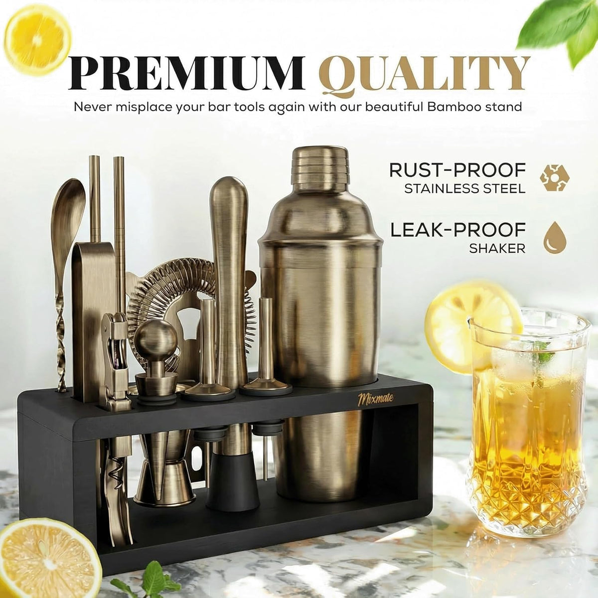 Brushed Brass Mixology Kit - 15 Piece Bar Tool Set, Silver Bar Set Cocktail Shaker Set for Drink Mixing - Includes