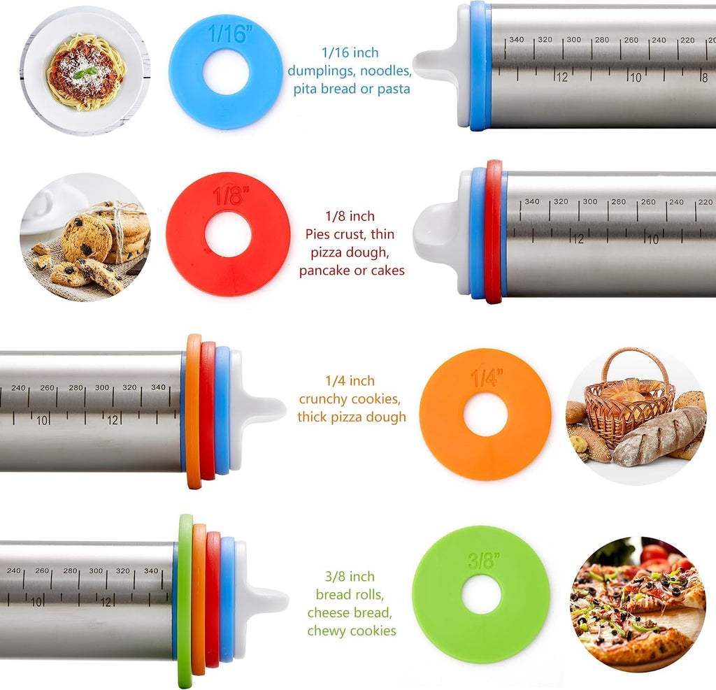 Rolling Pin with Thickness Rings, Fulimax 17" Adjustable Stainless Steel Rolling Pins for Baking, Dough Roller for