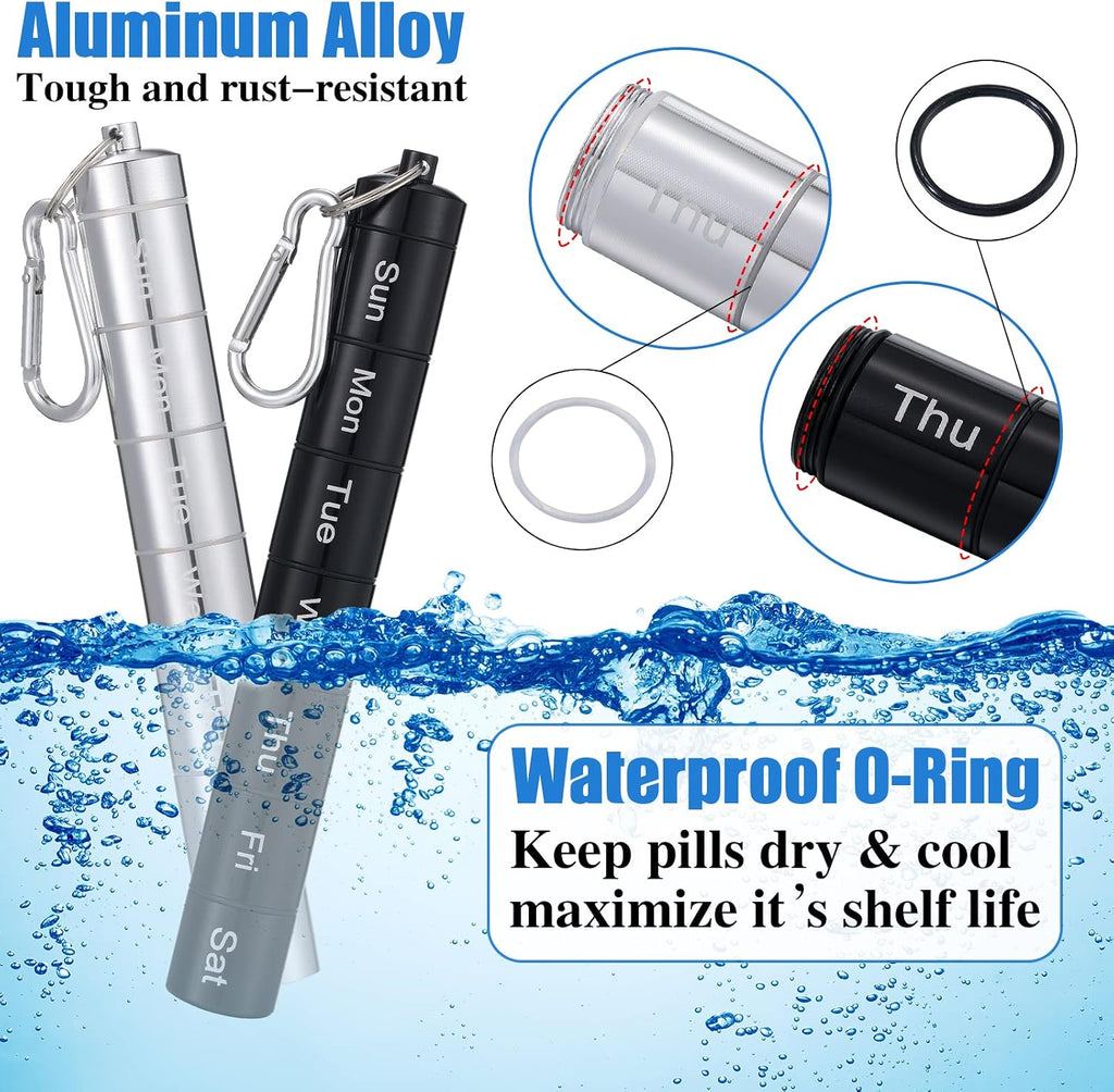 2 Pack Metal Weekly Pill Organizer Travel Pill Container with Keychain 7 Day Weekly Waterproof Small Capsules Holder