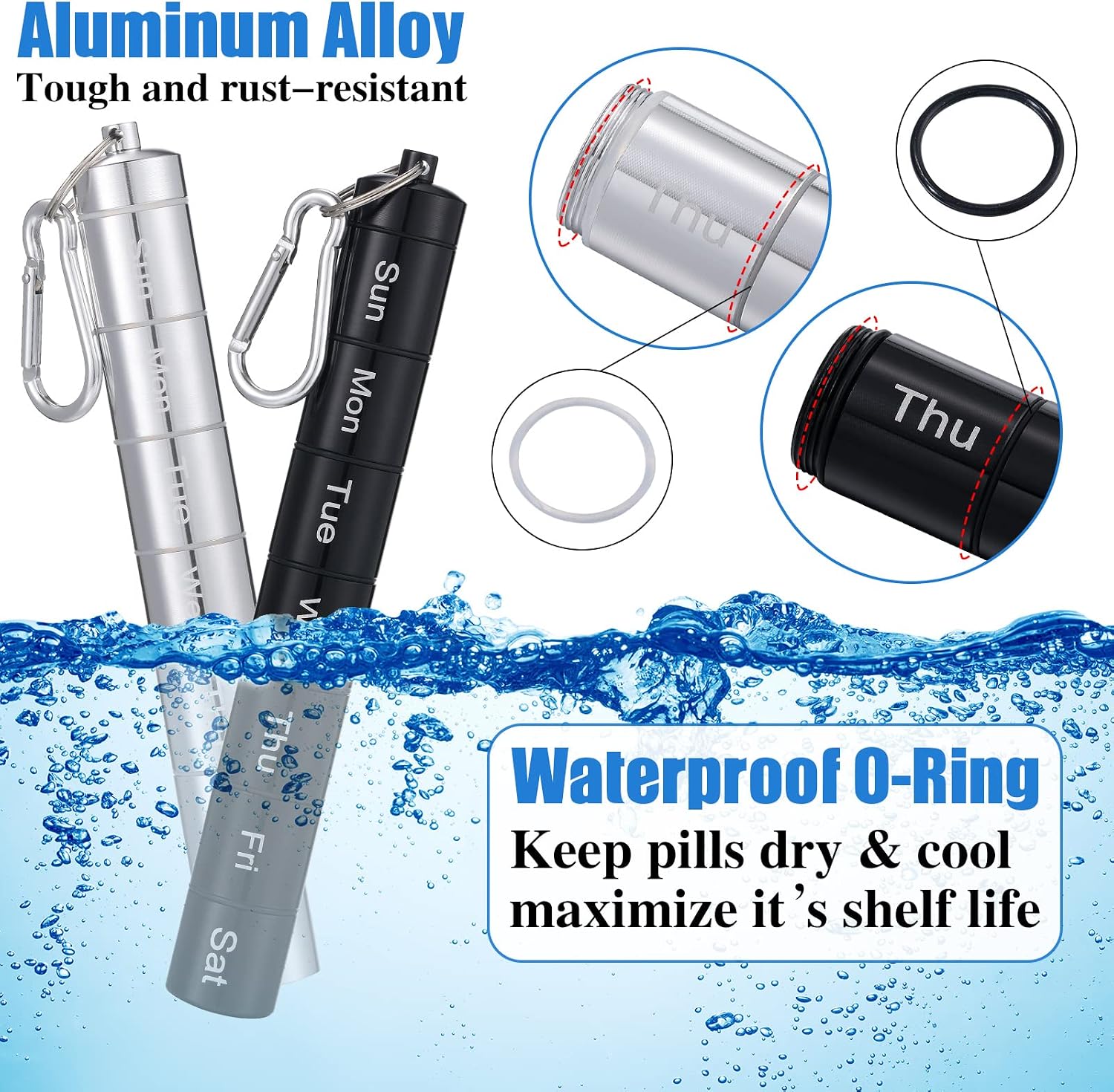 2 Pack Metal Weekly Pill Organizer Travel Pill Container with Keychain 7 Day Weekly Waterproof Small Capsules Holder